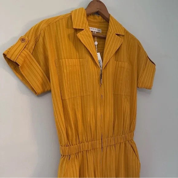 Trina Turk Evenfall Jumpsuit Honey Mustard Yellow Short Sleeve Cropped Size XS - Picture 5 of 11